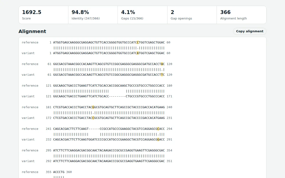 AlignBench showing results for the built-in example