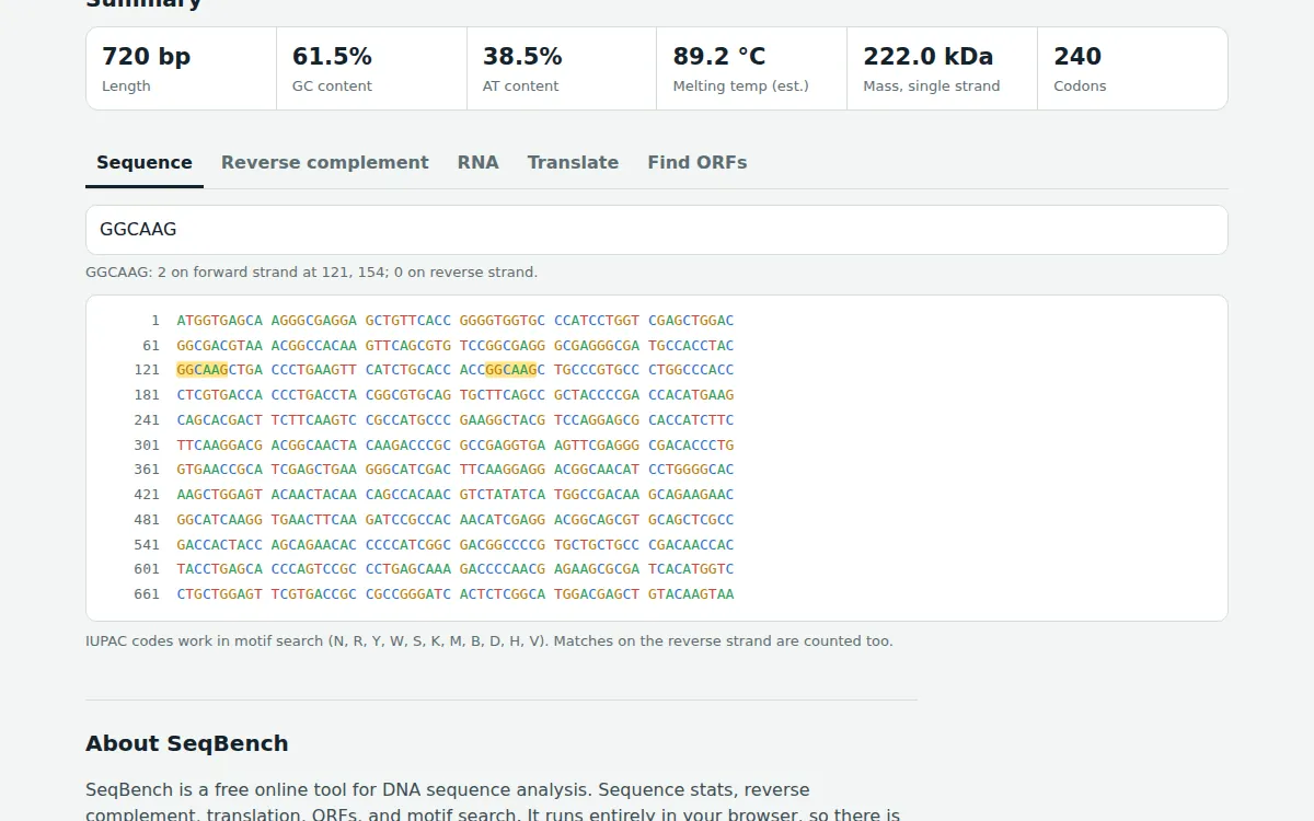 SeqBench showing results for the built-in example